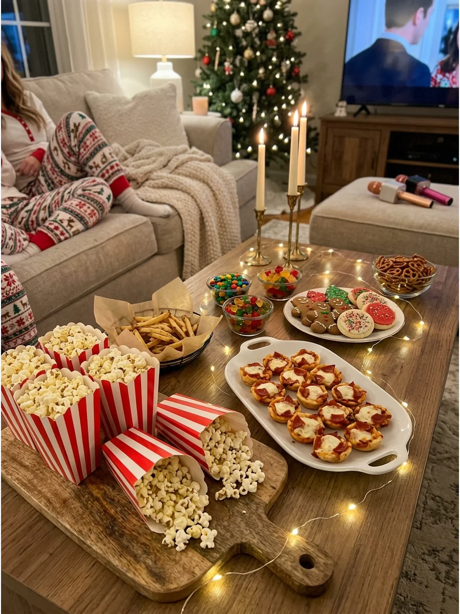 Late night snack station with popcorn and pizza bites for a party.