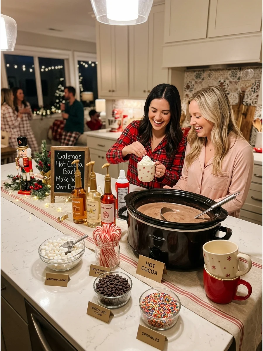 A festive hot cocoa station on a kitchen counter with toppings in white bowls.