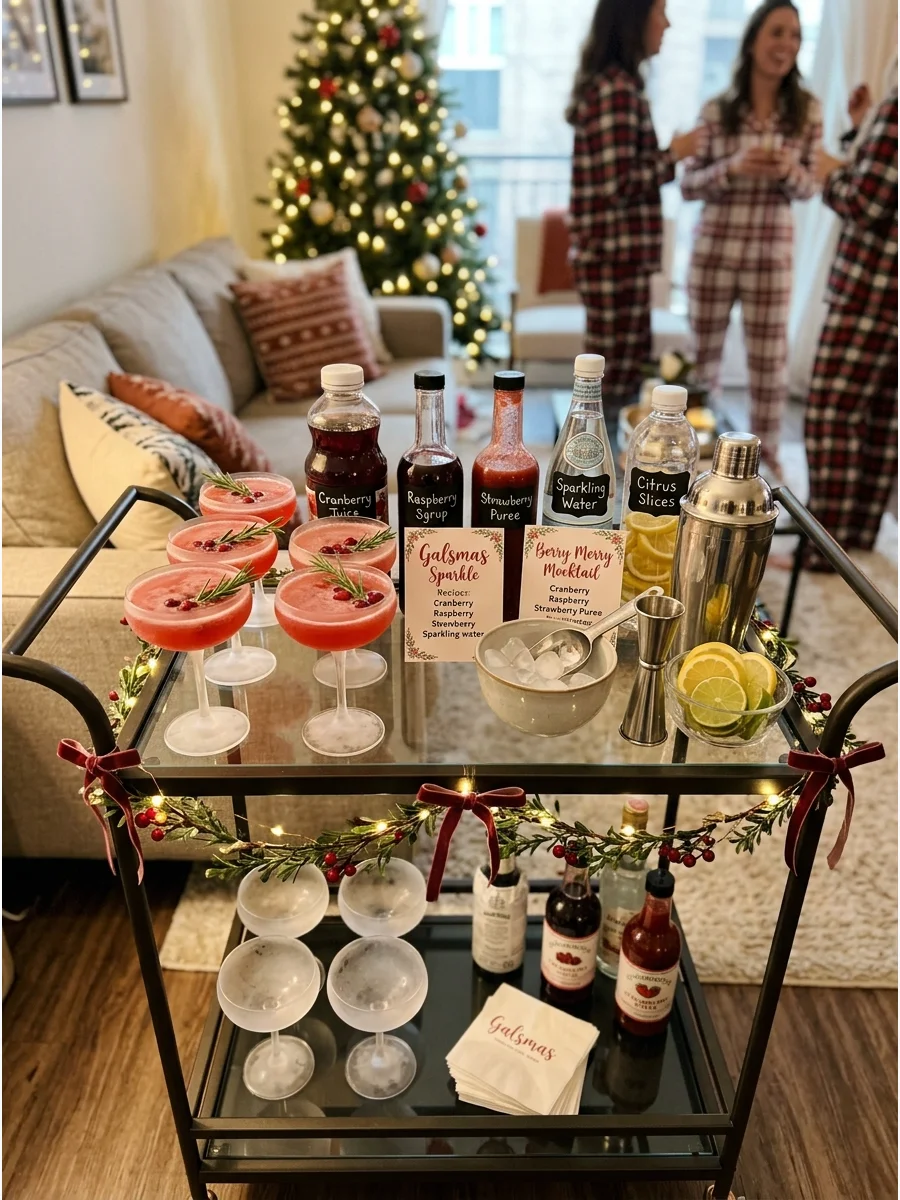 Pink mocktails in elegant glasses on a gold bar cart with holiday greenery.