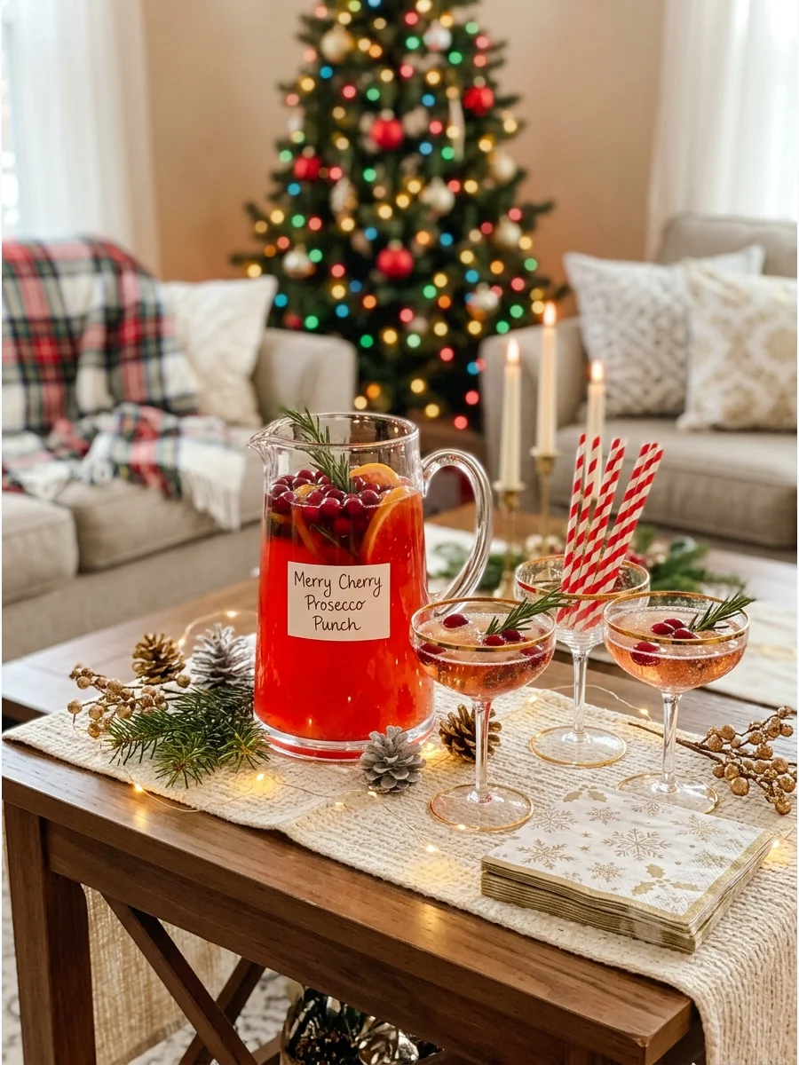 A signature cocktail station with a red drink and gold-rimmed martini glasses.