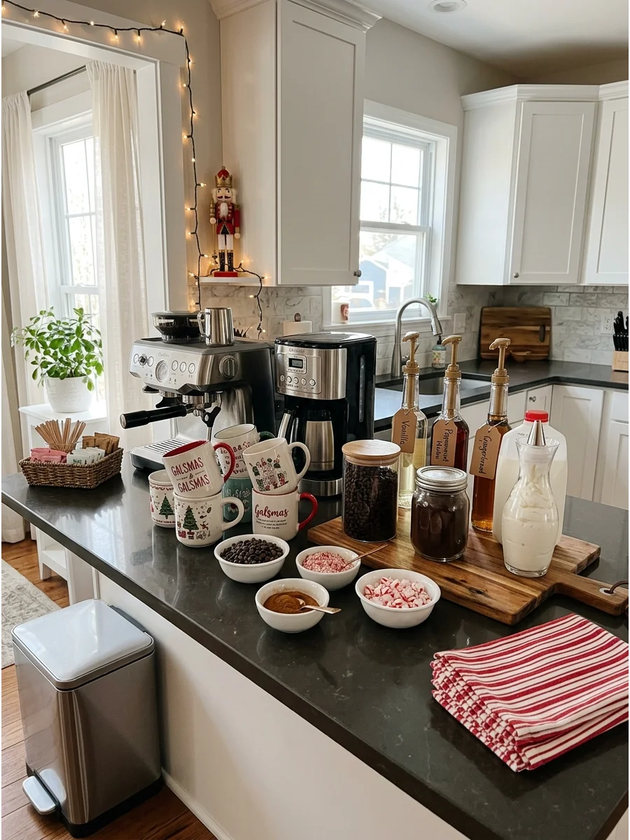 A home coffee station with festive mugs and bowls of holiday toppings.