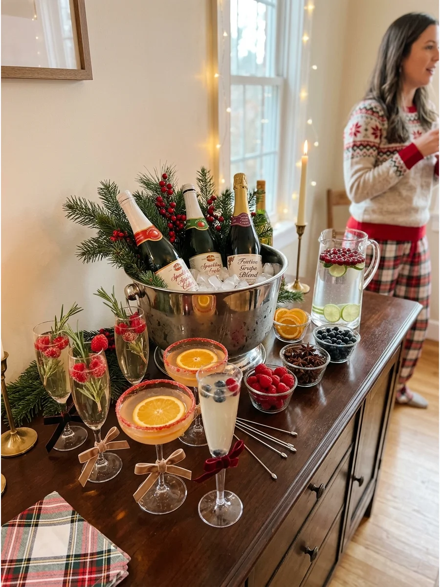 A sparkling drink station with an ice bucket and bottles of cider on a sideboard.
