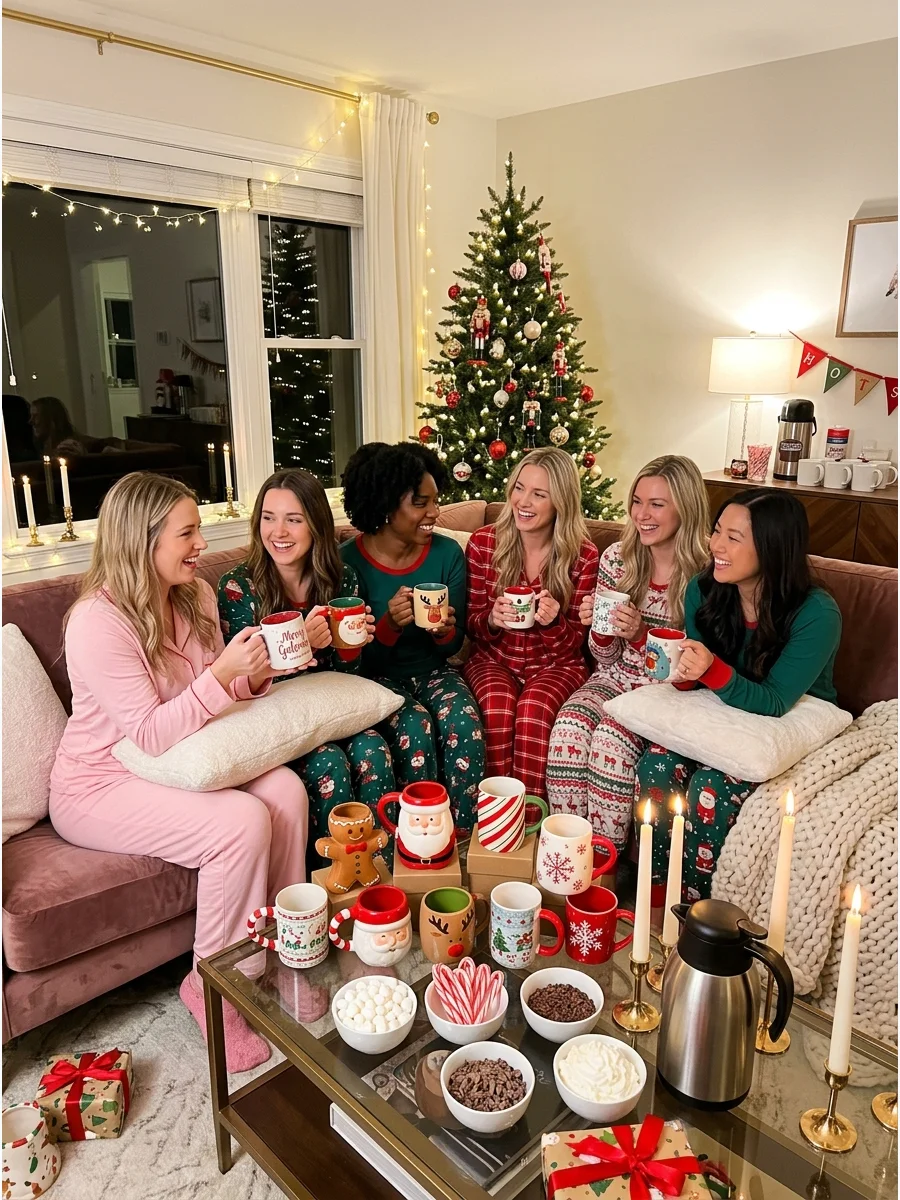A group of women holding festive Christmas mugs in a cozy living room.