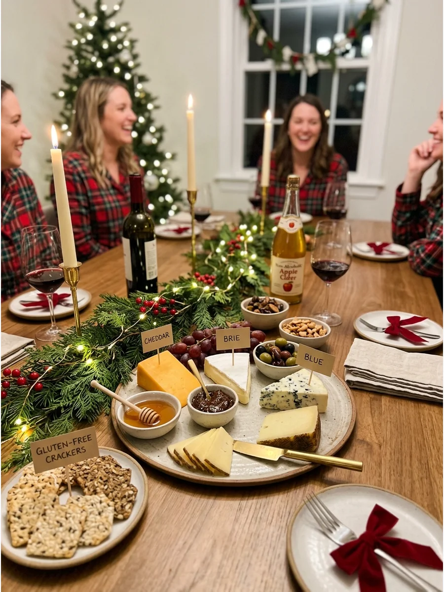 A holiday cheese board with various cheeses and crackers on a dining table.