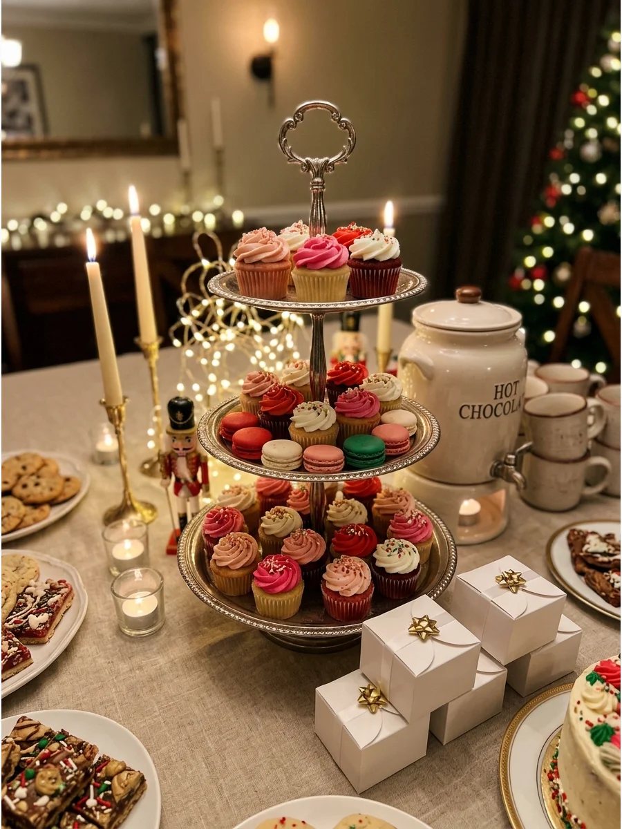 A dessert table with tiered stands of holiday treats and a coffee station.