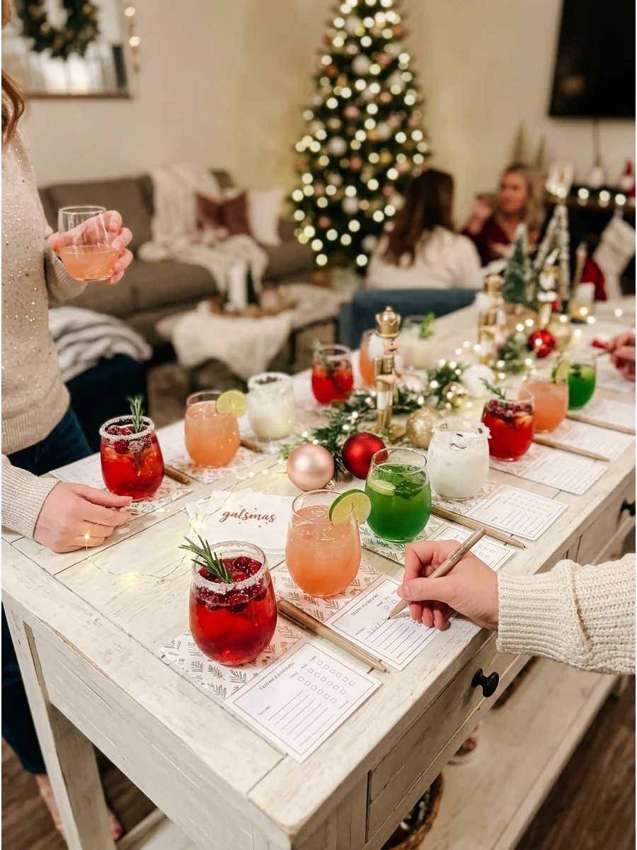 A mocktail tasting station with small glasses and paper scorecards on a table.
