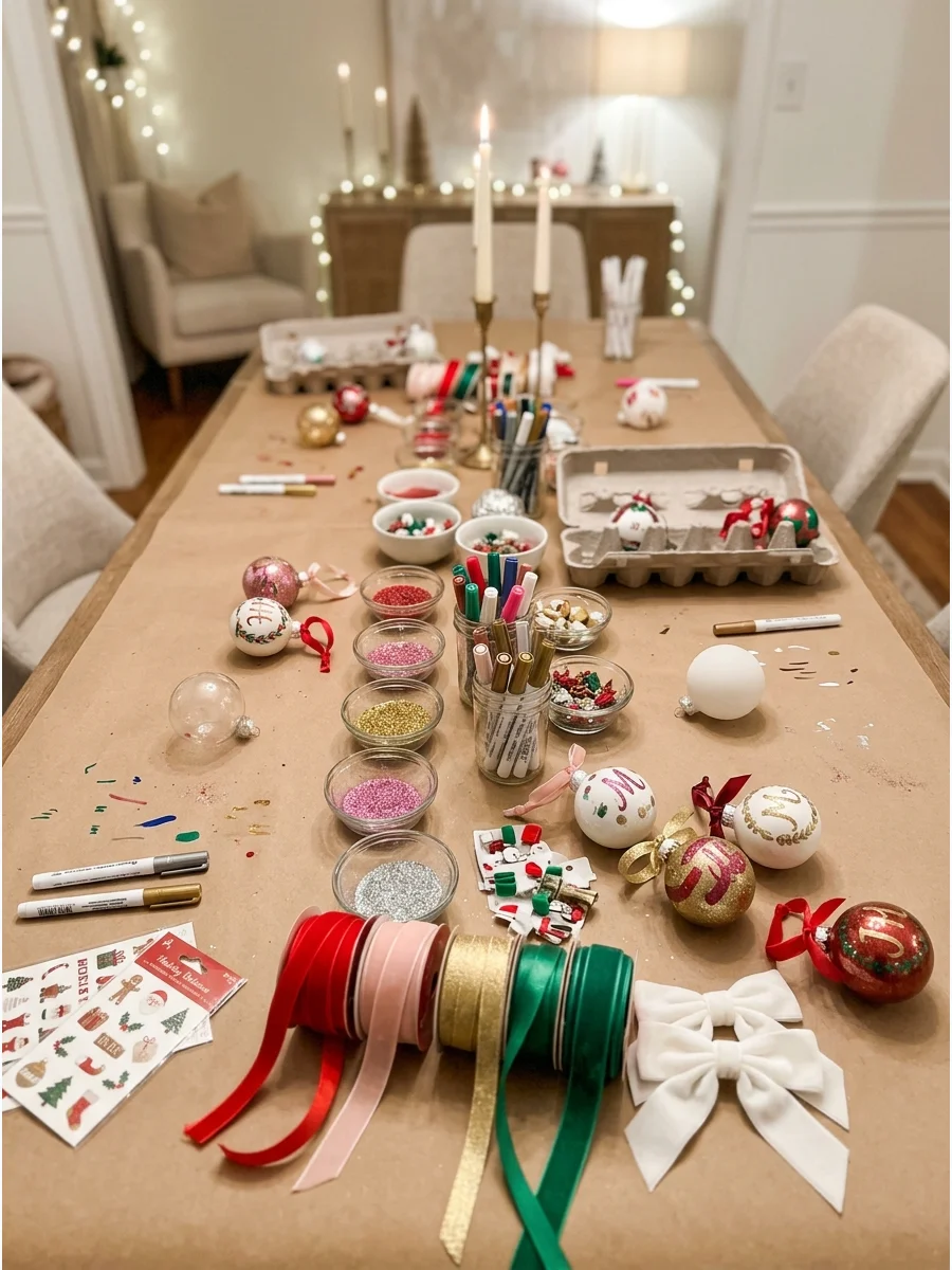 A dining table set up with ornament decorating supplies and colorful ribbons.