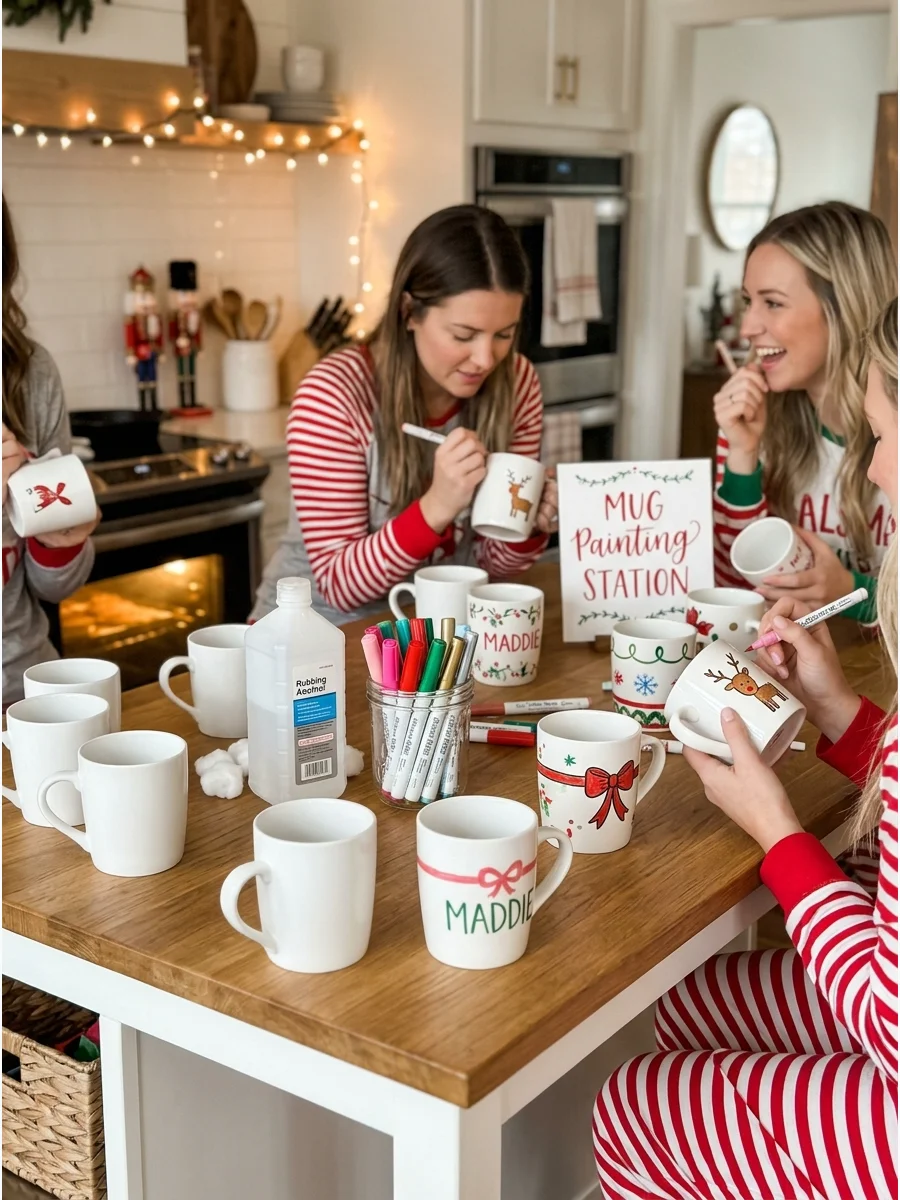 White mugs and paint markers on a kitchen island for a craft activity.