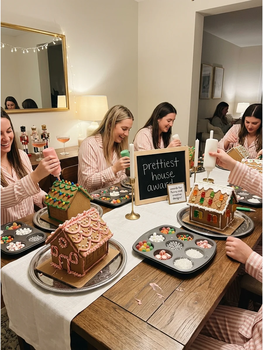 Gingerbread houses decorated with pink and white candy on a dining table.
