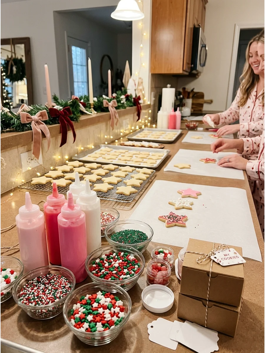 Star-shaped cookies and decorating supplies on a clean kitchen counter.