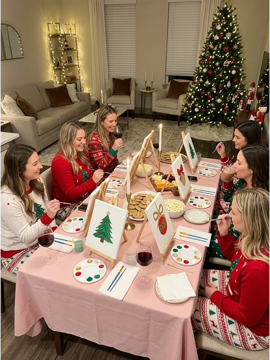 Mini canvases and paint palettes set up for a paint and sip party.