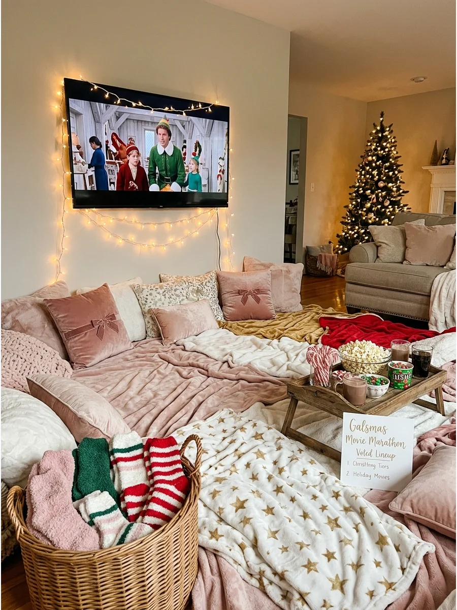 A cozy movie viewing area with blankets and pillows on the floor.