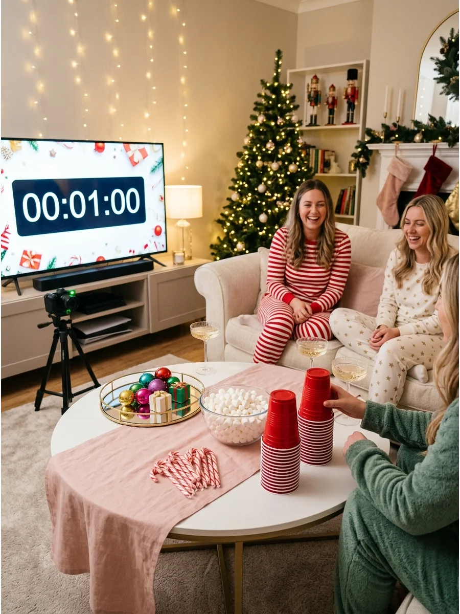 Game supplies like red cups and marshmallows set up for quick challenges.