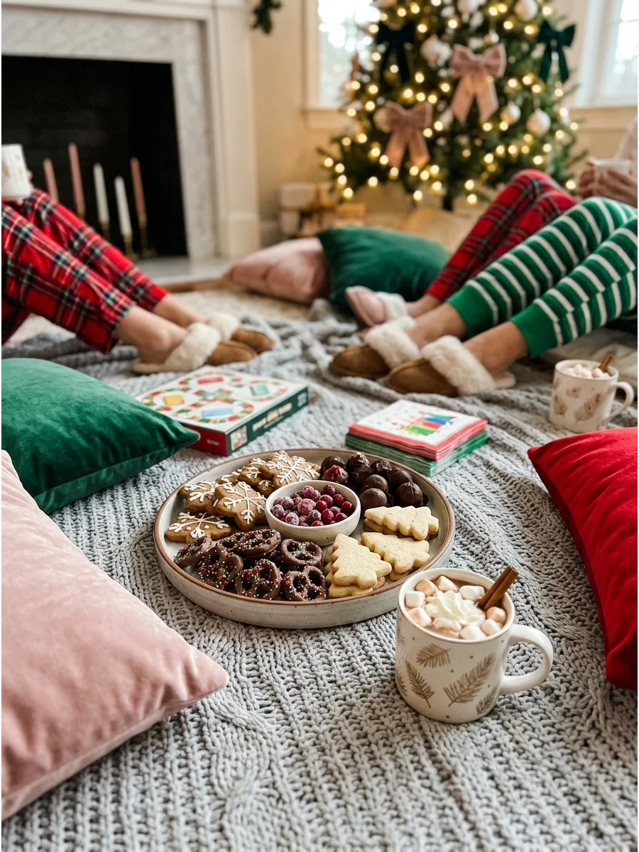 A cozy floor seating area with blankets, pillows, and holiday snacks.