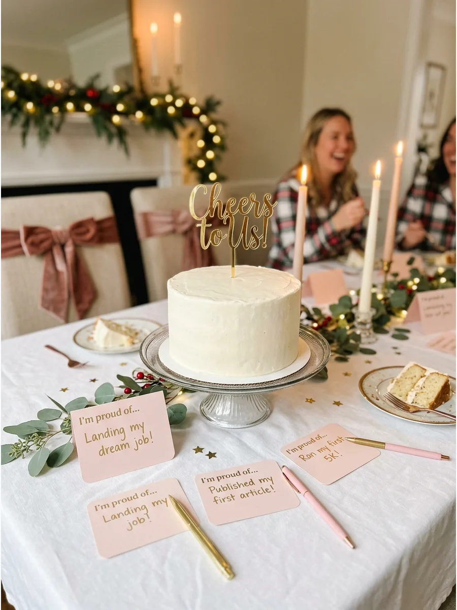 A celebration cake on a dining table with small cards for writing goals.