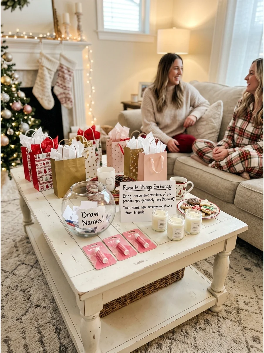 Small beauty products and candles arranged on a living room table for a gift exchange.