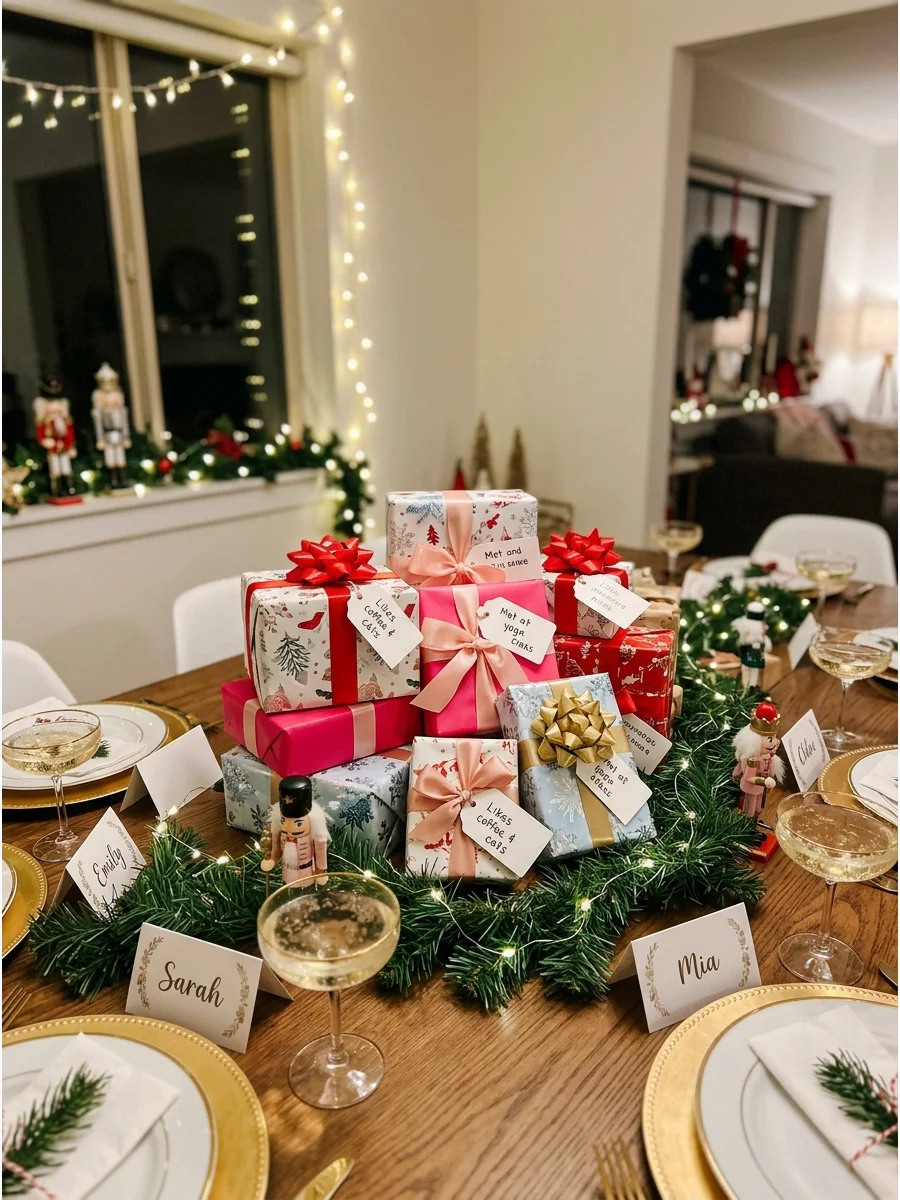 Wrapped Christmas presents with red ribbons piled on a dining table.