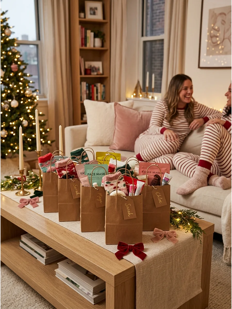 Small gift bags filled with holiday treats on a lounge side table.