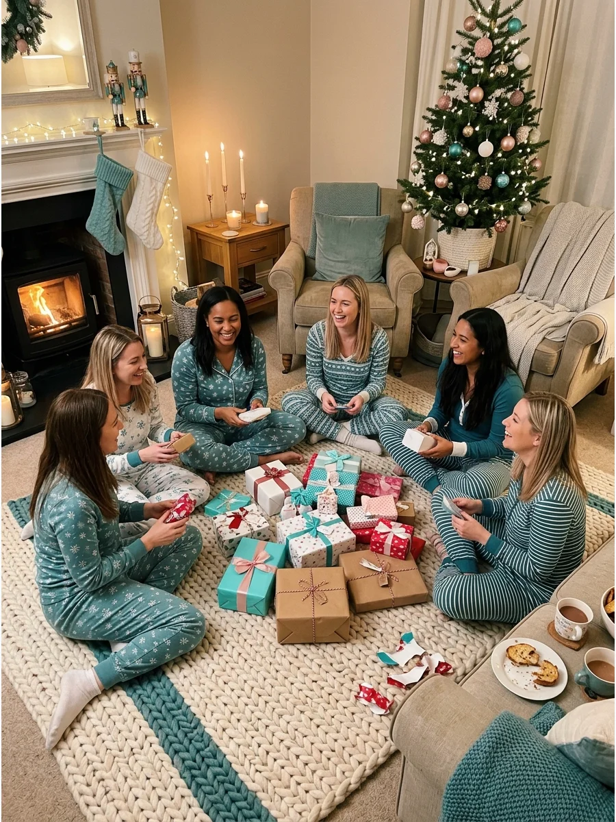 A group of friends sitting around wrapped gifts on a living room floor.