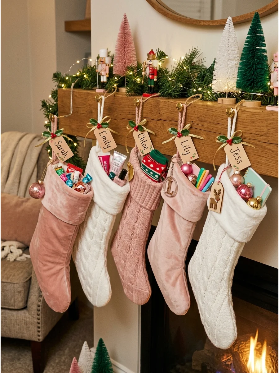 Festive stockings hanging from a fireplace mantle in a home.
