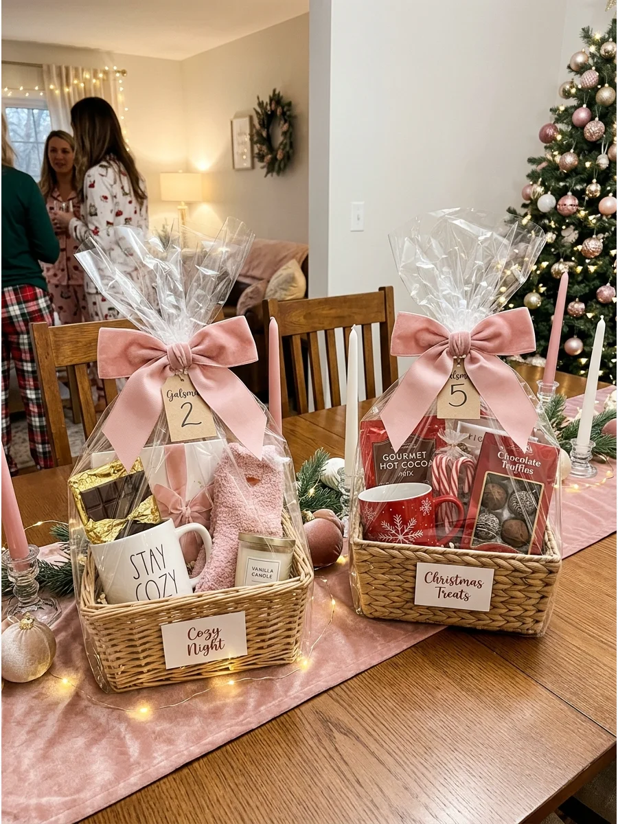 Themed gift baskets wrapped in cellophane on a dining room table.