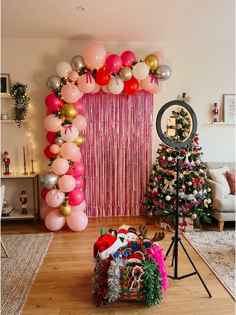 A photo booth setup with a pink tinsel backdrop and props in a lounge.