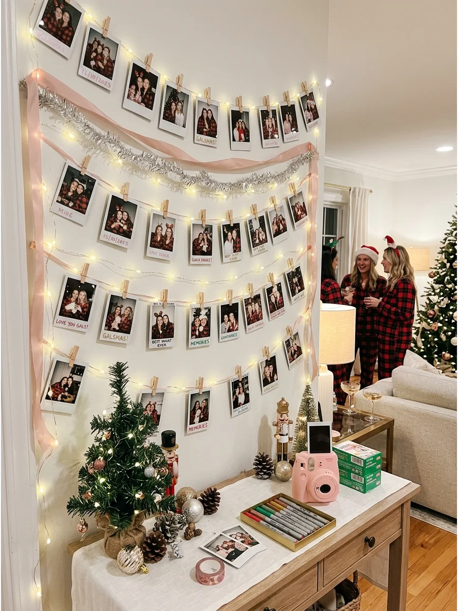 Instant photos hanging from a string of lights on a wall.