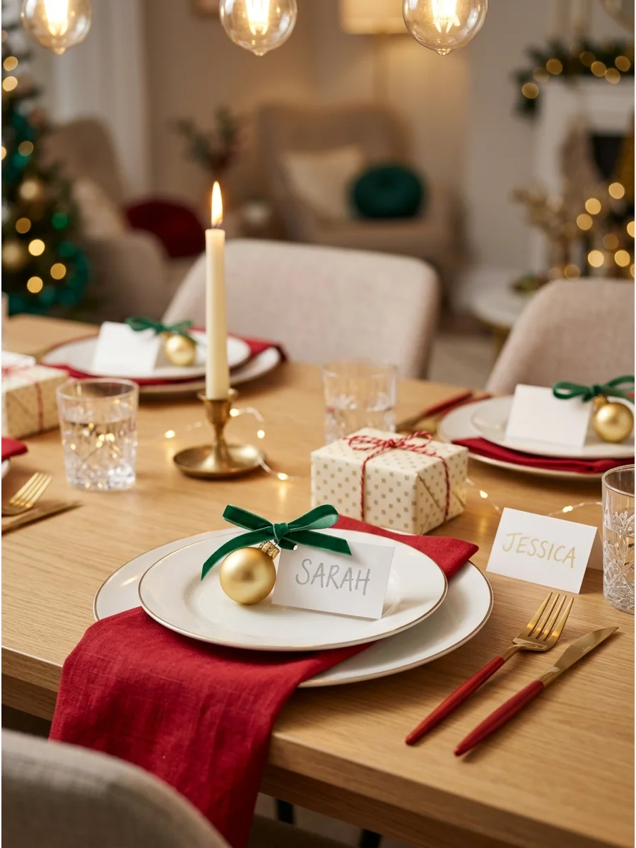 A festive place setting with a name card and ornament on a dining table.
