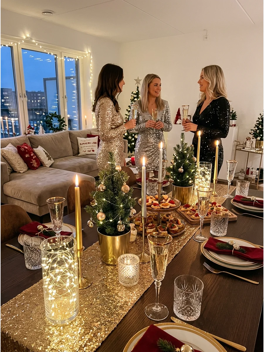 A festive buffet table with gold sequins and sparkling glassware.