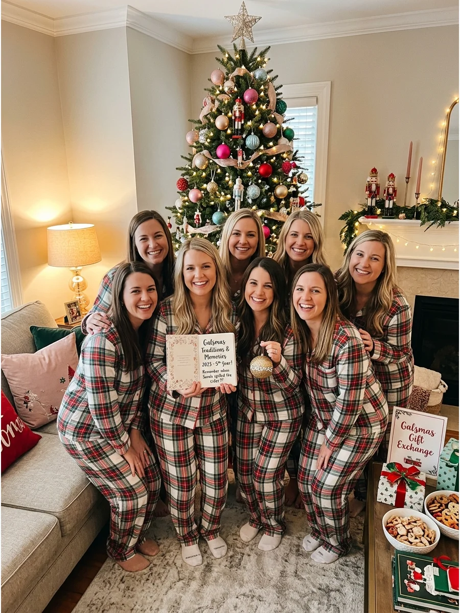 A group of women in holiday pajamas posing for a photo by a Christmas tree.