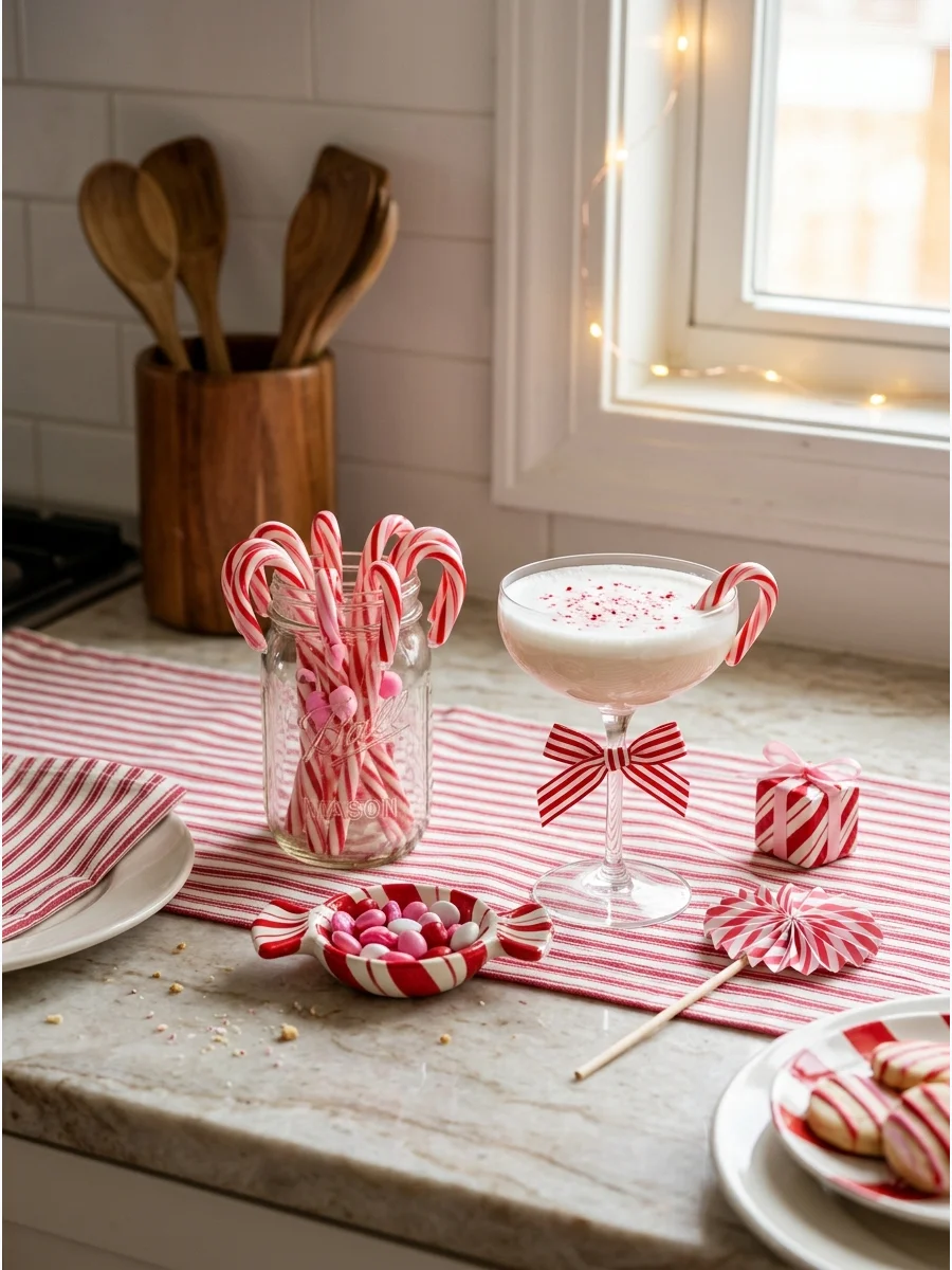 A kitchen island decorated with red and white stripes and candy canes.