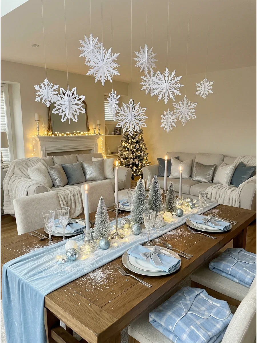 White paper snowflakes hanging from a ceiling over a blue and silver tablescape.