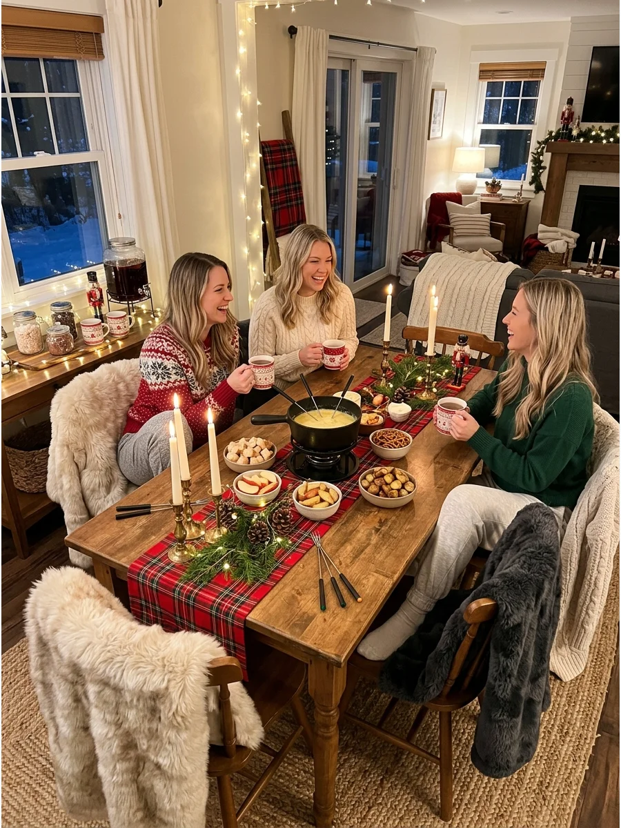 A fondue set on a wooden table with rustic winter decorations.