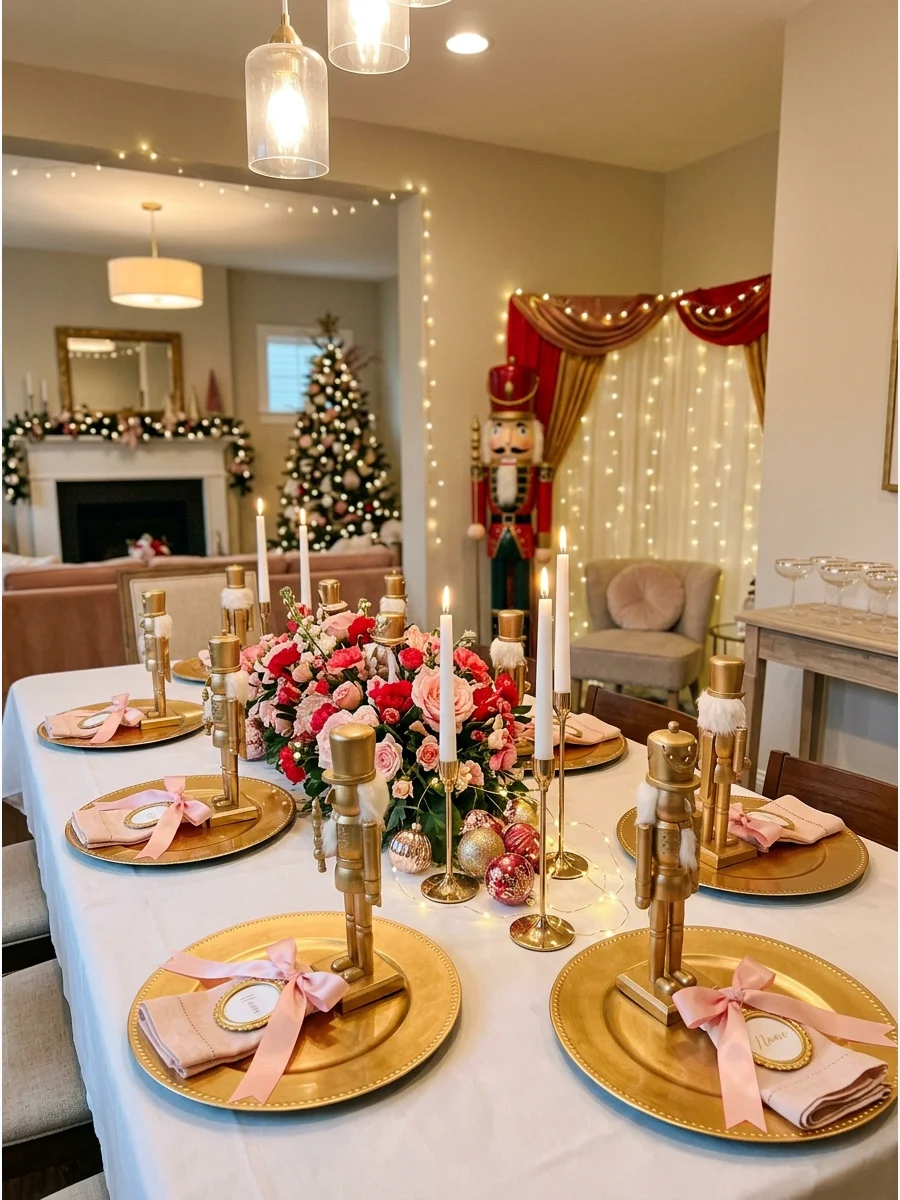A dining table set with gold plates and nutcracker figurines.