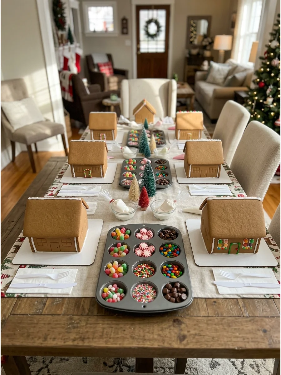 Six gingerbread houses on white bases on a long table.