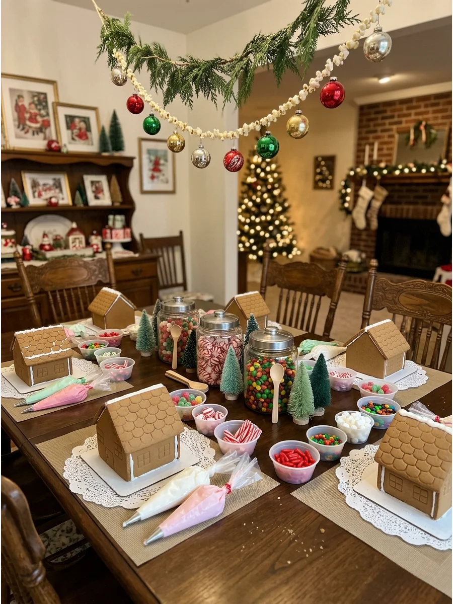 Gingerbread houses on lace doilies on a dark wood table.