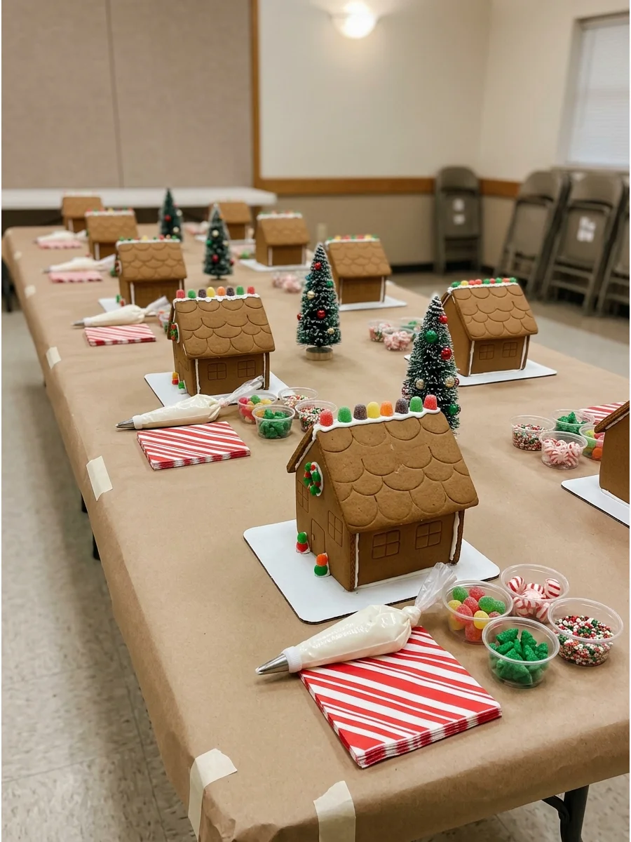 Individual gingerbread house decorating stations on a long table.