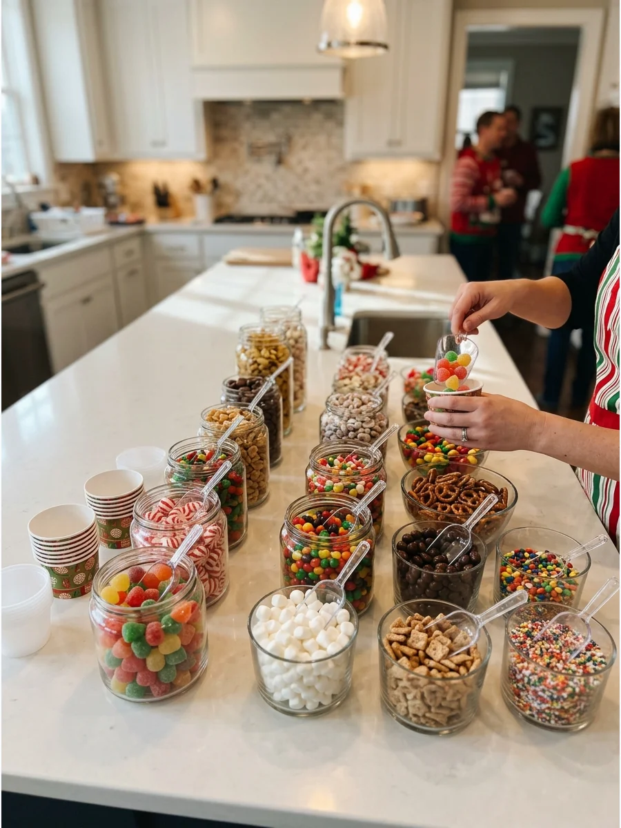 A large candy bar setup with various colorful sweets in glass jars.