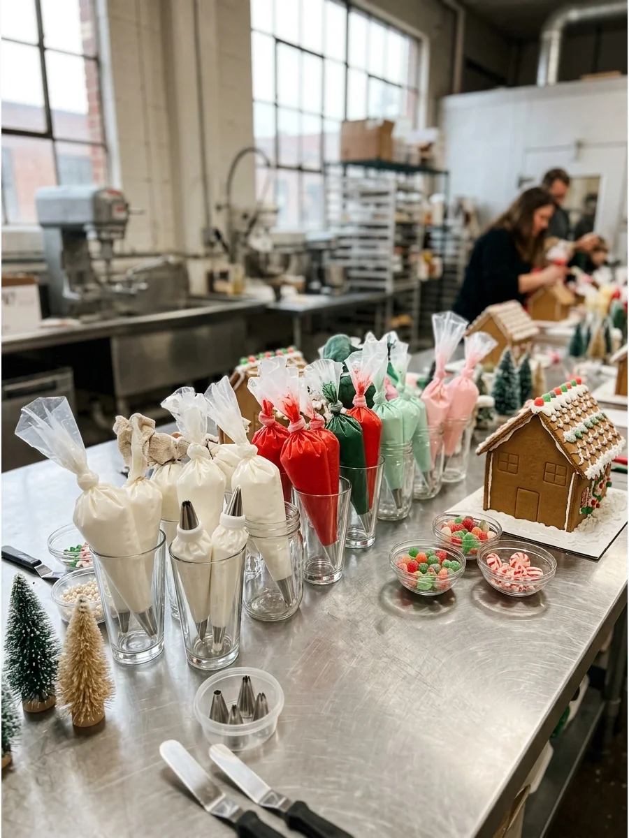 Piping bags filled with white icing standing in glasses on a table.