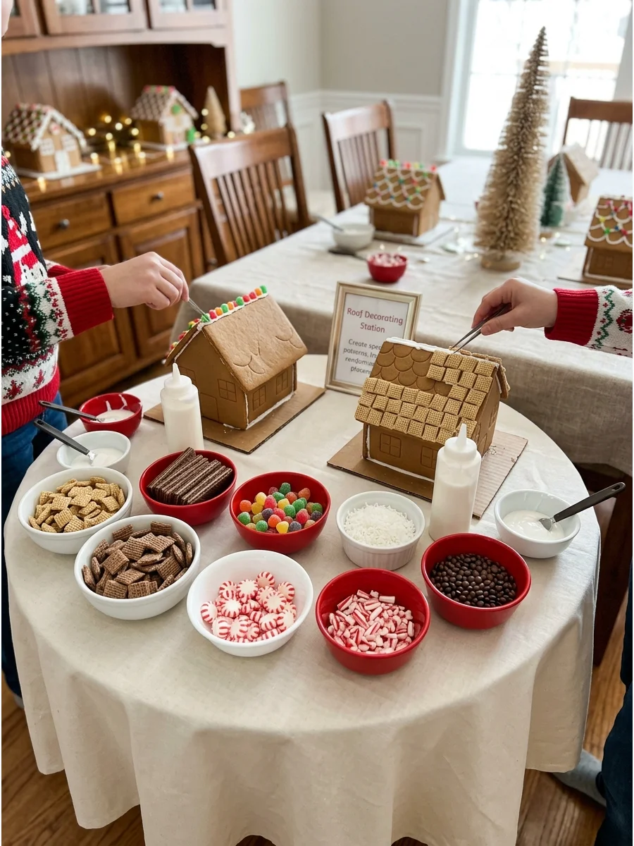 A table display of cereal and cookies used for gingerbread house roofs.