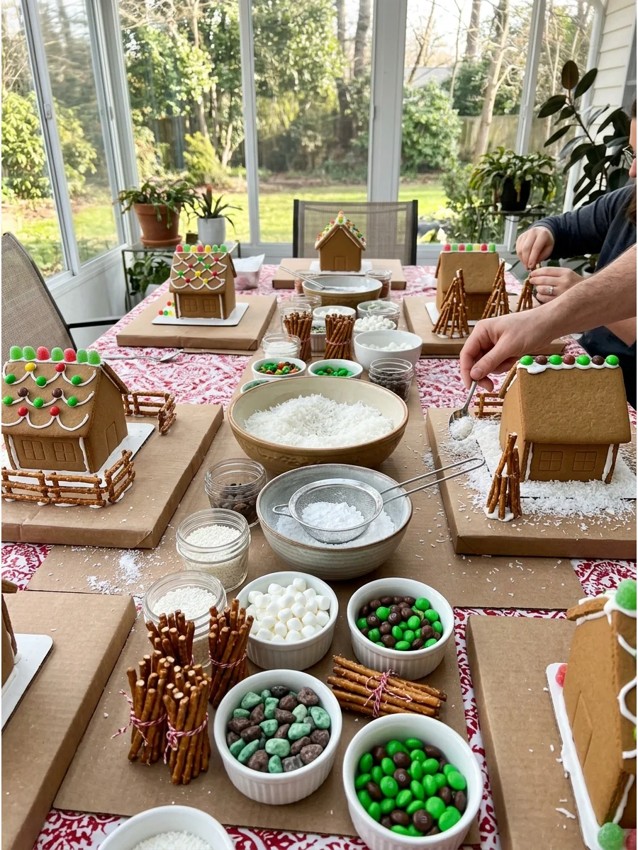 Shredded coconut and powdered sugar in bowls for gingerbread landscaping.