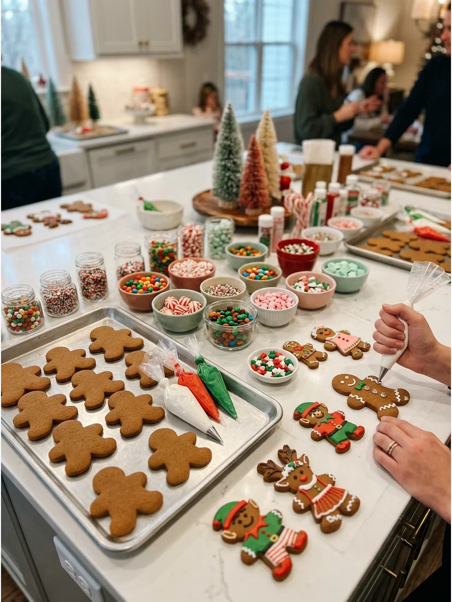 Unfinished gingerbread man cookies on a silver tray with icing bags.
