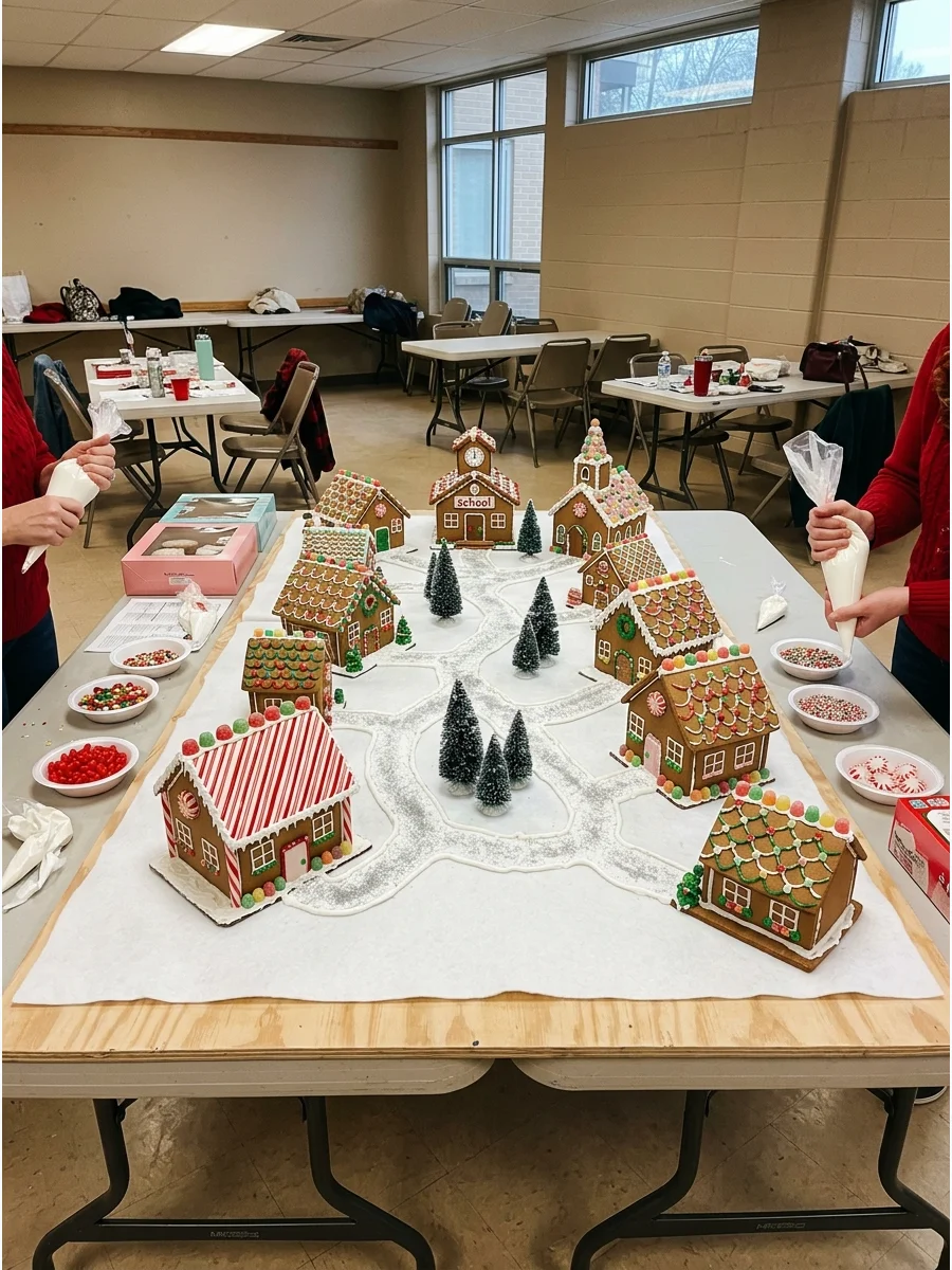 A gingerbread village with houses connected by icing paths on a table.