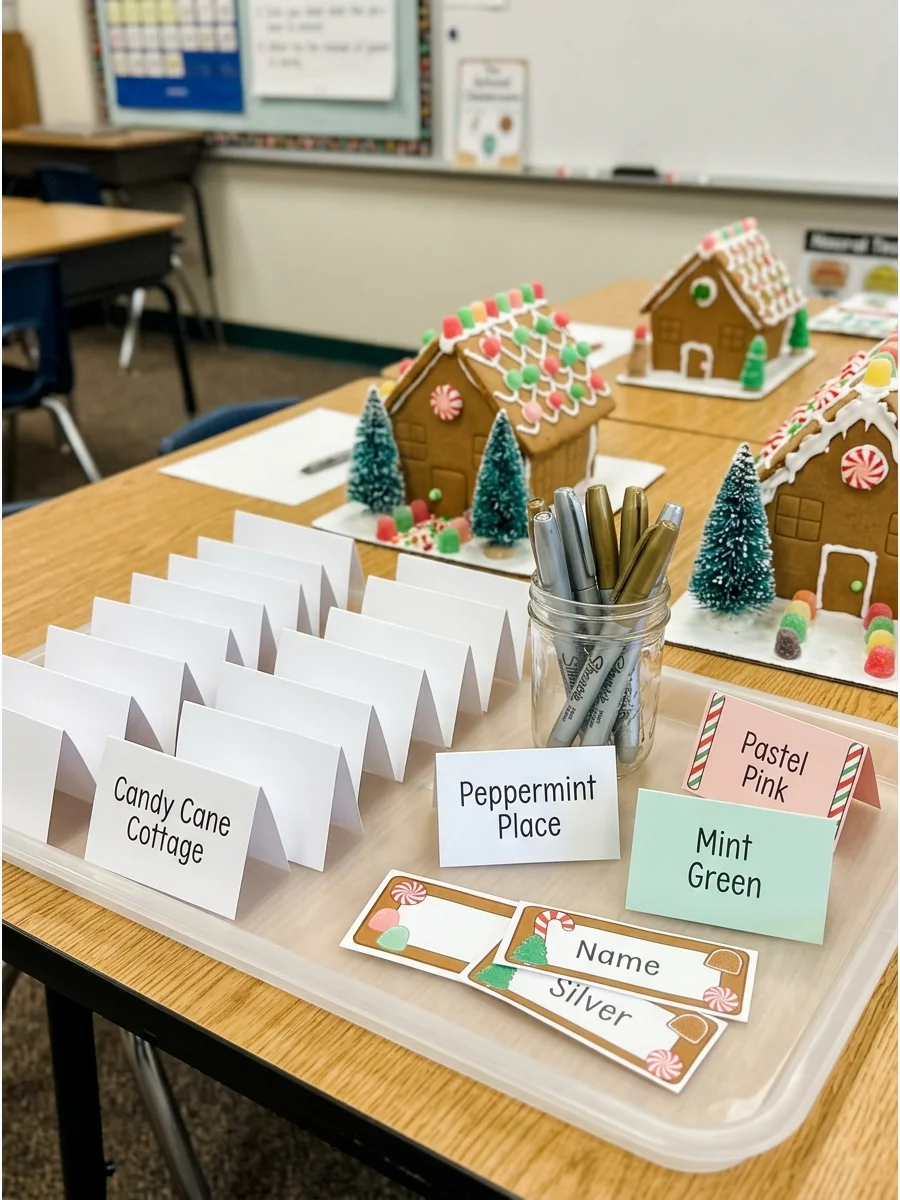 Cardstock nameplates and markers for naming gingerbread houses.