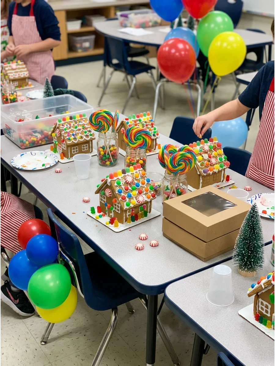 Brightly colored gingerbread houses surrounded by large swirl lollipops.