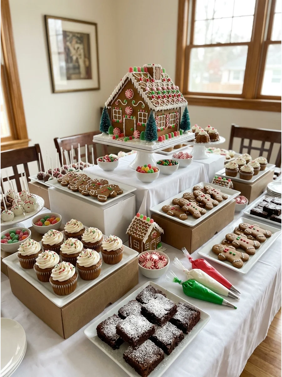 A festive dessert table with a gingerbread house centerpiece and various gingerbread treats.