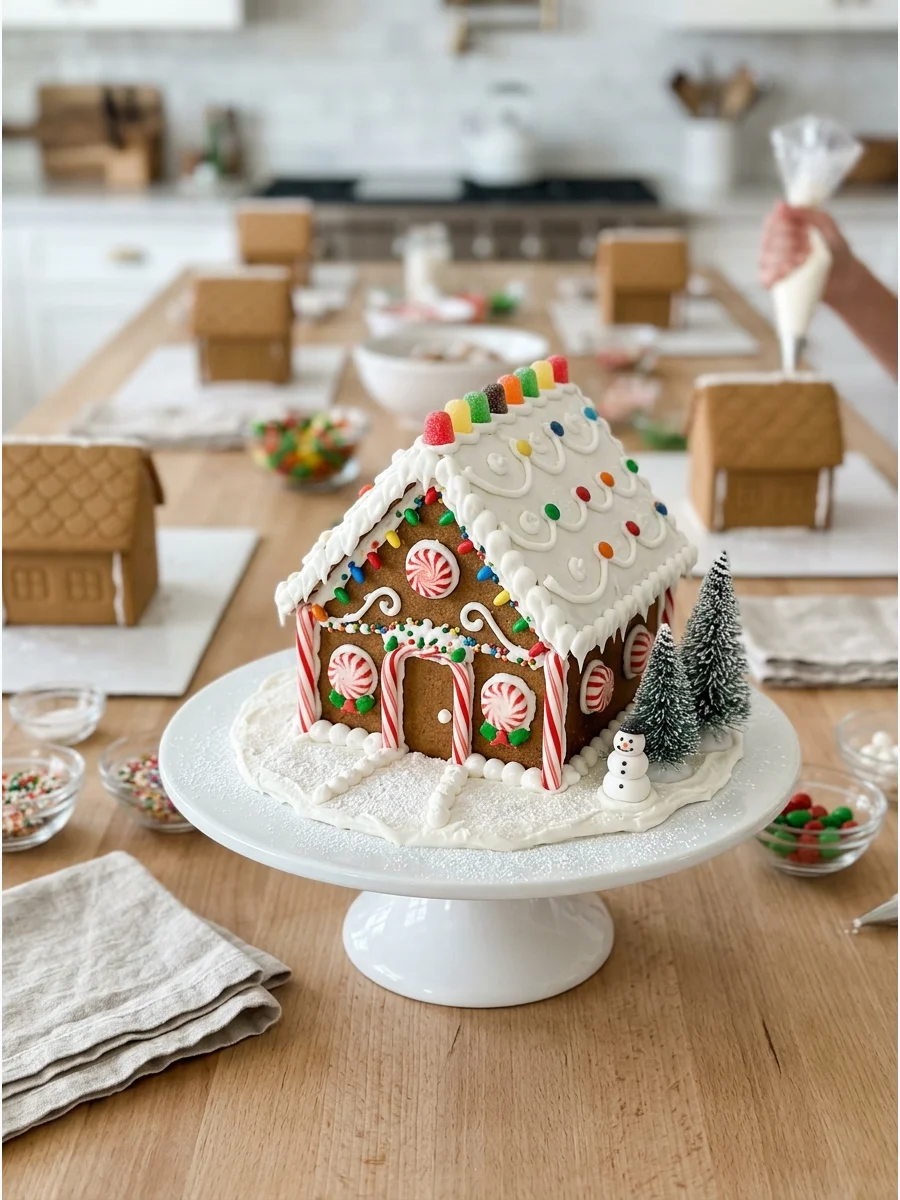 A cake shaped like a gingerbread house with white icing and candy decorations.