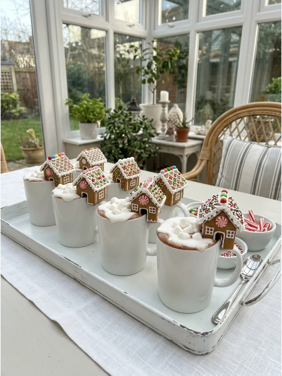 Small gingerbread houses sitting on the edges of hot chocolate mugs.