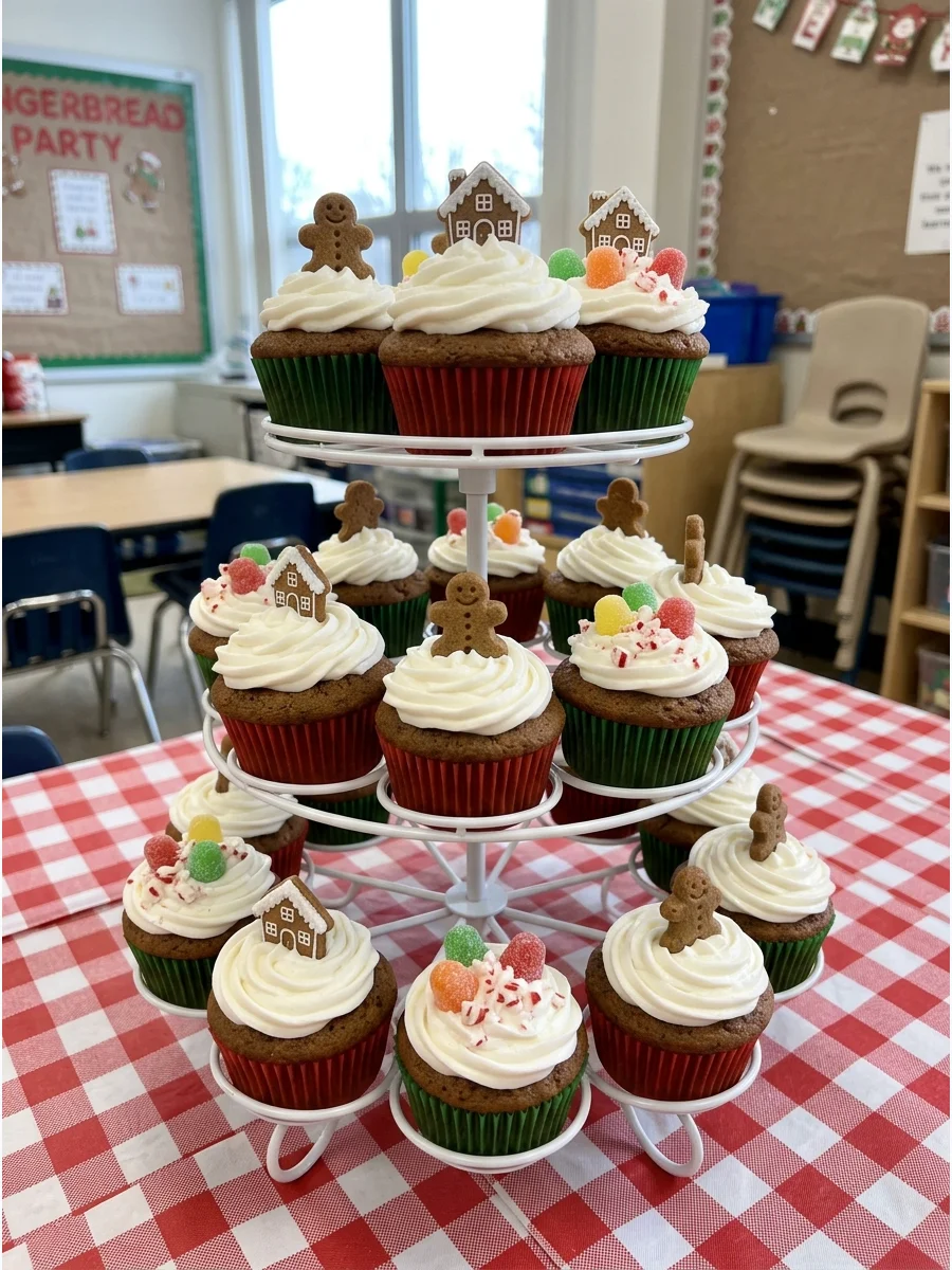Gingerbread cupcakes with white frosting and mini cookie toppers on a tiered stand.