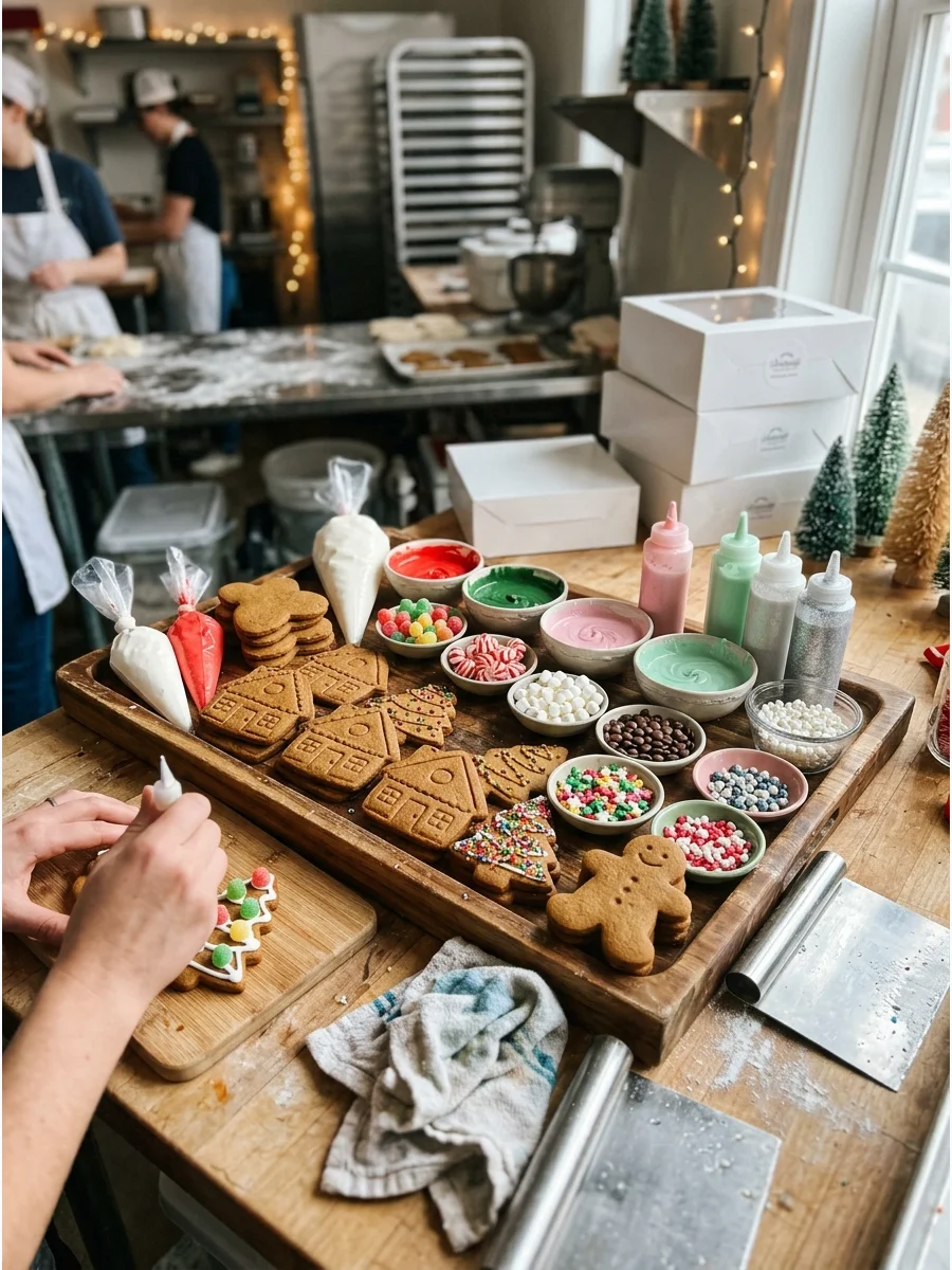A platter of undecorated gingerbread cookies with small bowls of icing and sprinkles.